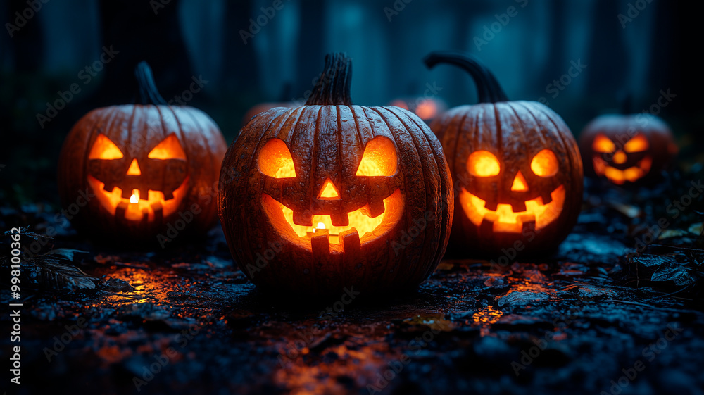 Group of Carved Jack-o'-Lanterns Glowing with Spooky Faces in the Dark Group of Carved Jack-o'-Lanterns Glowing with Spooky Faces in the Dark