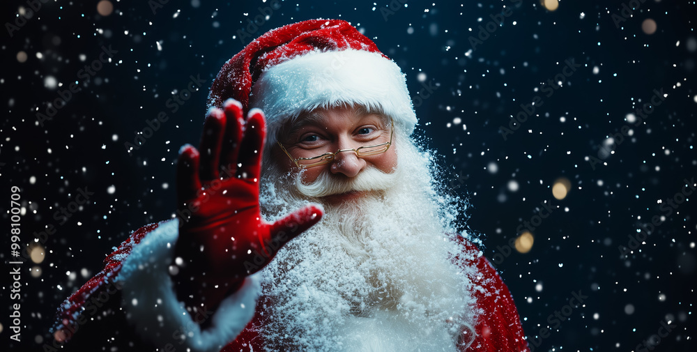 Close-up of Santa Claus waving, smiling warmly in a snow-filled scene. Dressed in his traditional red suit, he brings festive cheer against a dark, snowy background Close-up of Santa Claus waving, smiling warmly in a snow-filled scene. Dressed in his traditional red suit, he brings festive cheer against a dark, snowy background