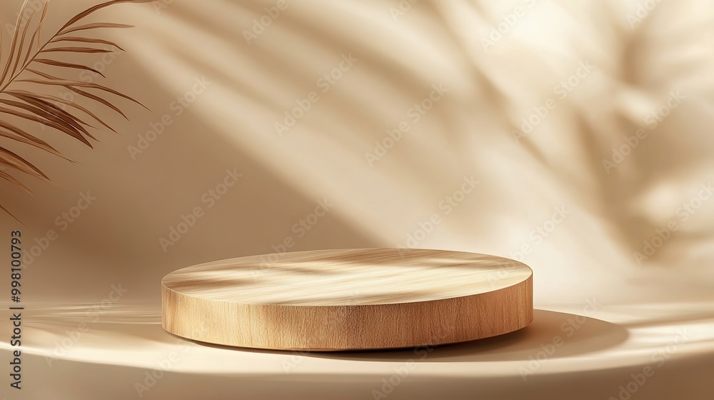 Modern abstract scene with a minimalist wooden podium, blending warm wood tones and bold geometric shapes, ideal for showcasing items.