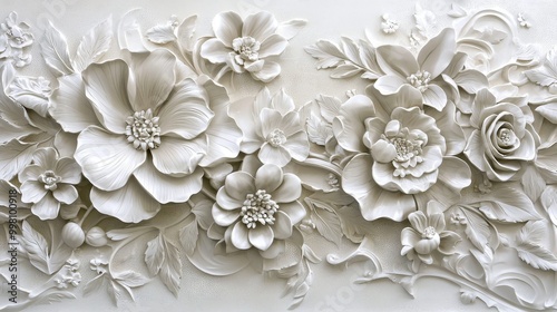 Sculpture depicting varying blooms and foliage on a textured background in white