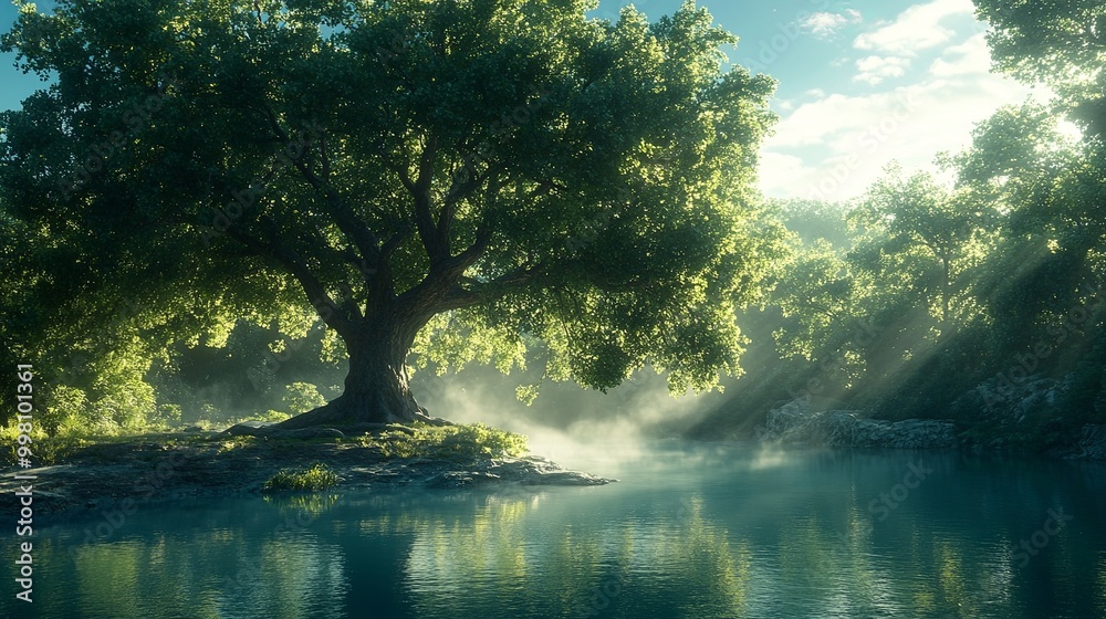 Obraz premium A solitary tree stands tall beside a tranquil stream, casting a serene shadow on the glistening water, bathed in the soft glow of the morning sun.