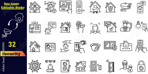 Home Security stroke icon set featuring alarm systems, surveillance cameras, locks, CCTV, intruders, keys, intrusion detection, guard dogs, and more. A collection of outline icons with editable stroke