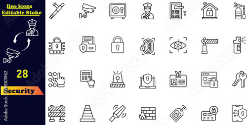 Home Security stroke icon set featuring alarm systems, surveillance cameras, locks, CCTV, intruders, keys, intrusion detection, guard dogs, and more. A collection of outline icons with editable stroke