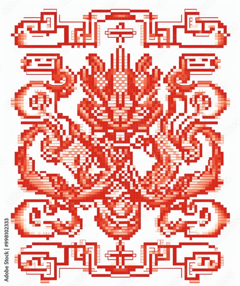 A red pixel art design featuring intricate mythical motifs. A red pixel art design featuring intricate mythical motifs.