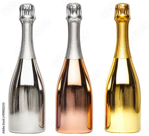 Set of Three Metallic Champagne Bottles in Silver, Bronze, and Gold Colors Isolated on Transparent Background – Ideal for Celebrations, Wine Branding, and Luxury Product Marketing photo