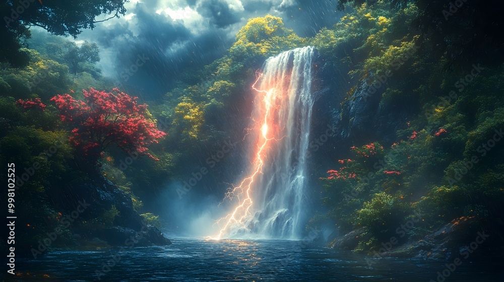 Dramatic Lightning Bolt Striking Lush Rainforest Waterfall