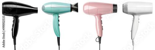 Set of Four Modern Hair Dryers in Black, Blue, Pink, and White Colors Isolated on Transparent Background – High-Quality Image for Beauty Products, Hair Care, and Electronics Marketing