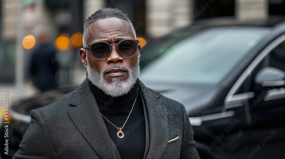 Successful Black Man in Stylish Suit with Sunglasses, Street Background, realistically rendered with AI Successful Black Man in Stylish Suit with Sunglasses, Street Background, realistically rendered with AI