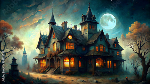 A haunted Halloween house in the forest on winter nights.