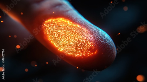 Close-up of a finger with a glowing digital fingerprint overlay, symbolizing biometric security and technology. photo