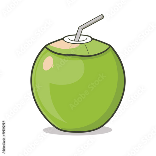 Whole and fresh green coconut illustration set in flat color, ideal for food and beverage themes.