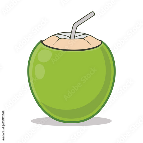 Whole and fresh green coconut illustration set in flat color, ideal for food and beverage themes.