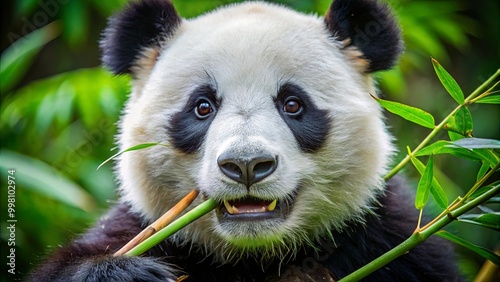 Adorable panda munching on bamboo in lush greenery photo