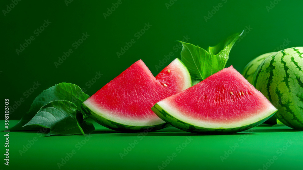 Fresh watermelon slices, green background
