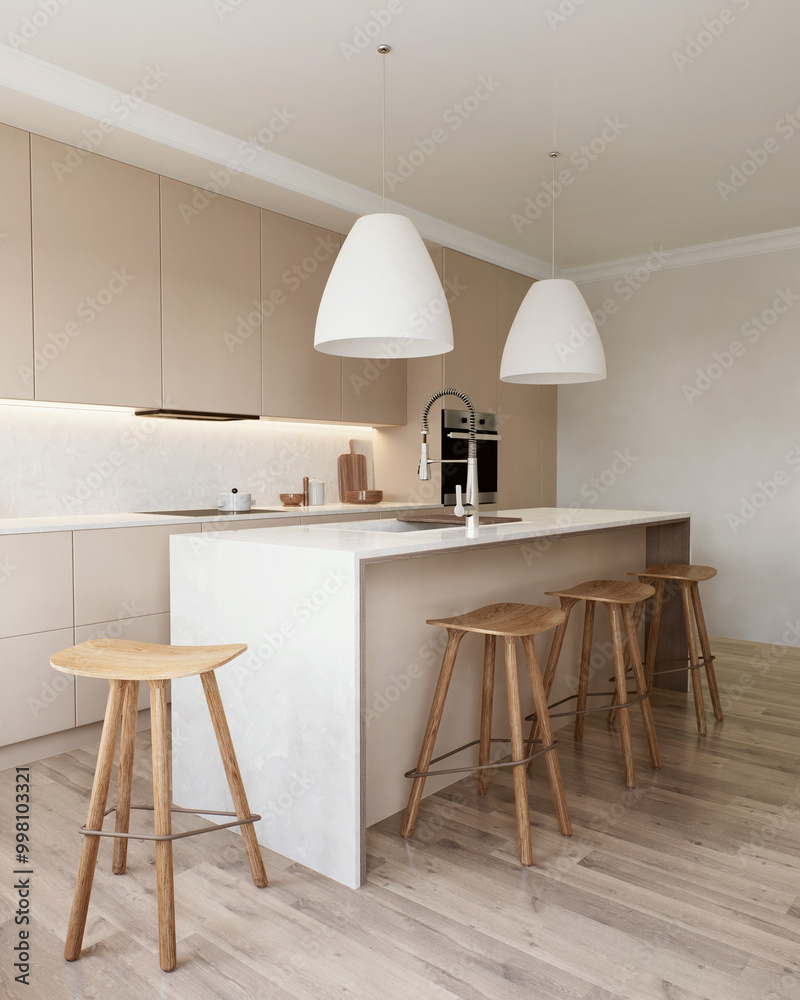 Obraz premium The Modern Minimalist Kitchen Interior Features Beautiful Light Wood Accents All Around