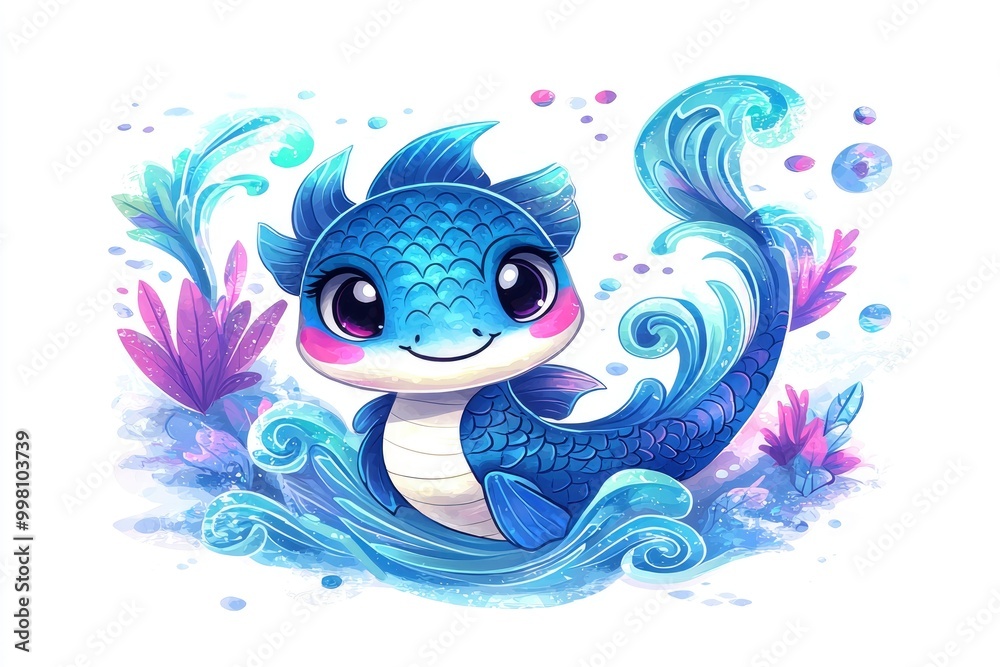Adorable Blue Dragonlet in Water with Water Plants