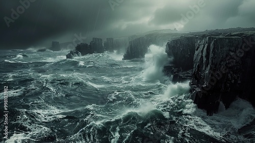 A stormy ocean with dark, turbulent waves crashing against jagged cliffs, symbolizing inner turmoil and conflict