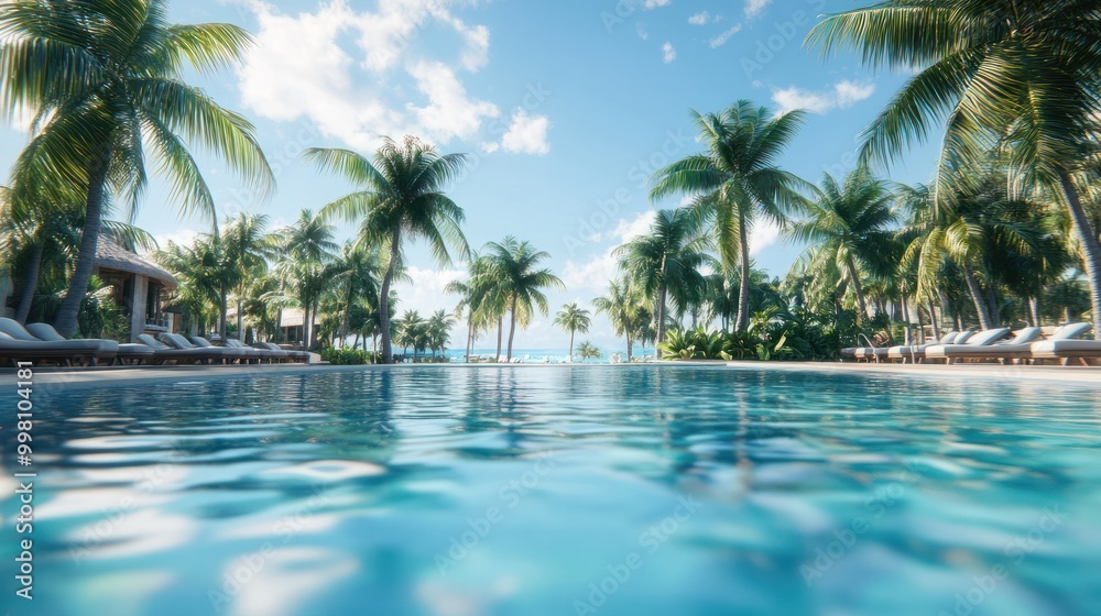 Crystal-clear pool, lush palm trees, and a luxurious hotel create a tropical paradise for sun-soaked relaxation and unforgettable vacations Crystal-clear pool, lush palm trees, and a luxurious hotel create a tropical paradise for sun-soaked relaxation and unforgettable vacations