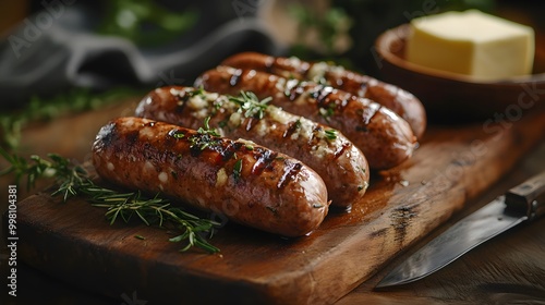 A wooden board with grilled sausages, a rustic kitchen setting, rich colors of the sausages and wood texture