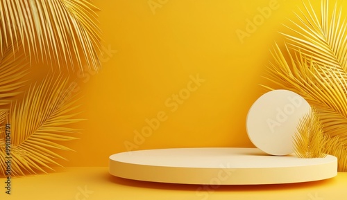 Detailed abstract sun light yellow summer backdrop studio of tropical shade gradient 3d background or minimal sunny presentation display room with blank banner template.