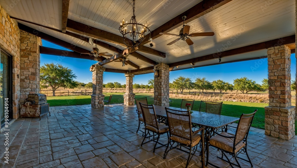 A wide Texas-style ranch patio with stone columns and fans offers cool outdoor seating. Large stone tiles cover the ground, surrounded by views of the serene countryside and a clear blue sky. A wide Texas-style ranch patio with stone columns and fans offers cool outdoor seating. Large stone tiles cover the ground, surrounded by views of the serene countryside and a clear blue sky.