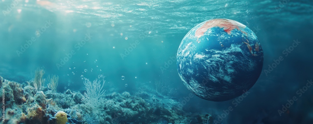 Planet Earth is floating over the ocean,Planet earth submerged and floating in sea,global warming and rising sea level,Global warming,sinking globe,melting iceberg,Climate change concept. Planet Earth is floating over the ocean,Planet earth submerged and floating in sea,global warming and rising sea level,Global warming,sinking globe,melting iceberg,Climate change concept.
