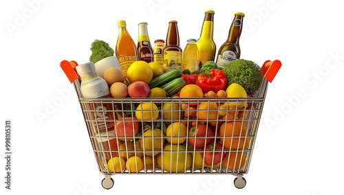 Fully Loaded Shopping Cart with Diverse Grocery Items on Transparent Background