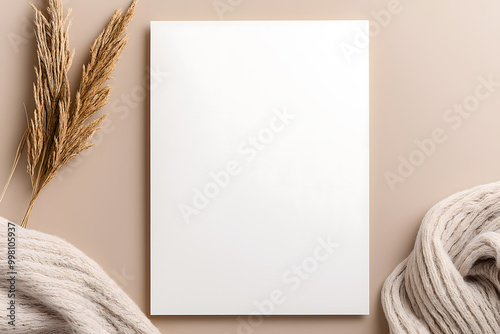 Elegant Blank White Hanukkah Party Invitation Mockup: 5x7 Inches on Rustic Beige Background