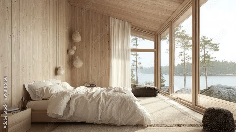 A Scandinavian summer cabin bedroom, with light wood walls, airy textiles, and large windows, blending nature with minimalist design A Scandinavian summer cabin bedroom, with light wood walls, airy textiles, and large windows, blending nature with minimalist design