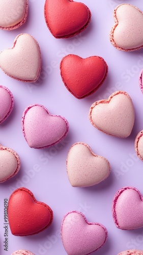 French sweet Strawberry Pink,red heart macaroons isolated on pink background. Pastry shop card with copy spacefrench macaroons,Paris Pastry,bakery and branding valentine couple concept,copy space.