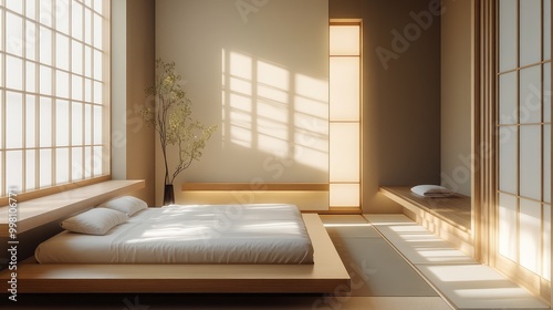 A sleek Japanese minimalist bedroom, featuring neutral tones, low furniture, and clean lines, embodying simplicity and tranquility