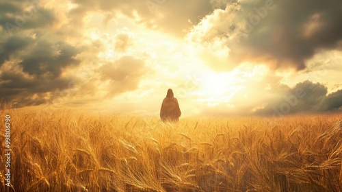  Jesus standing in a golden wheat field during autumn, serene and peaceful atmosphere