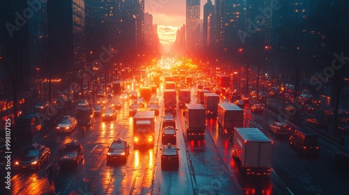 A long exposure shot of a busy city street at sunset, with cars and trucks moving through the traffic. The light from the setting sun illuminates the street and the buildings in the distance. photo