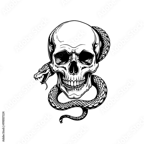 Intricate Blackwork Skull and Coiled Snake Tattoo Illustration