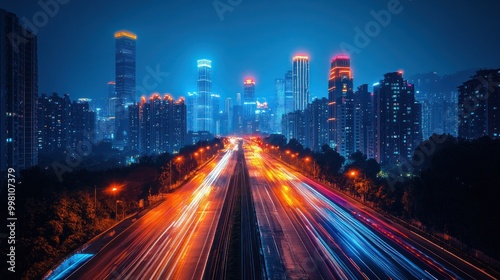 A long exposure shot of a highway with blurred light trails leading towards a modern city skyline at night.