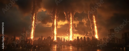 Wallpaper Mural A dramatic skyline engulfed in flames, with multiple fiery columns rising into a dark sky, suggesting chaos and destruction in an urban landscape. Torontodigital.ca