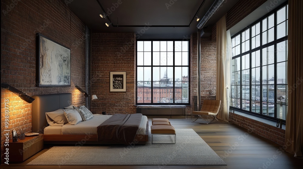 Fototapeta premium A sleek urban loft bedroom, featuring exposed brick, industrial lighting, and modern furniture, blending raw and refined elements