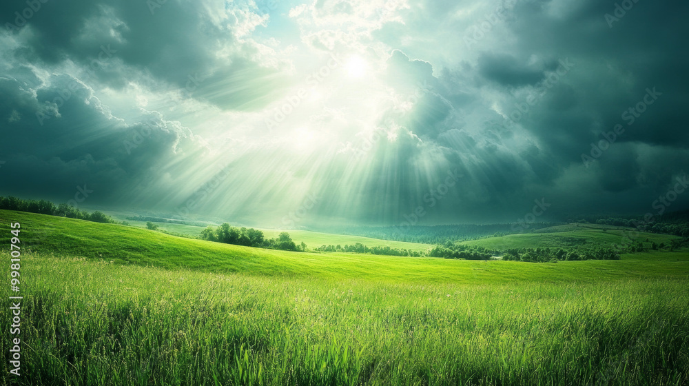 Rain and sunlight break through the clouds, casting a warm glow over the lush green summer landscape.
Rain and sunlight break through the clouds, casting a warm glow over the lush green summer landscape.