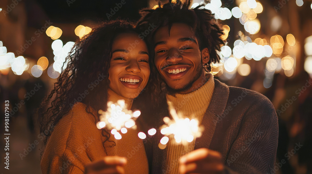 Young millennials with sparklers celebrating New Year outdoors. man and woman with fireworks for honeymoon on holiday, weekend and vacation. Happy couple with sparklers for celebration, party Young millennials with sparklers celebrating New Year outdoors. man and woman with fireworks for honeymoon on holiday, weekend and vacation. Happy couple with sparklers for celebration, party