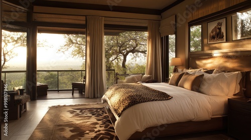 A South African safari-style bedroom, with animal prints, natural wood, and earthy tones, bringing the outdoors into a cozy retreat