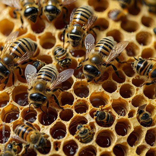 Bee larvae cocoons and pollen in honeycombs close up photo