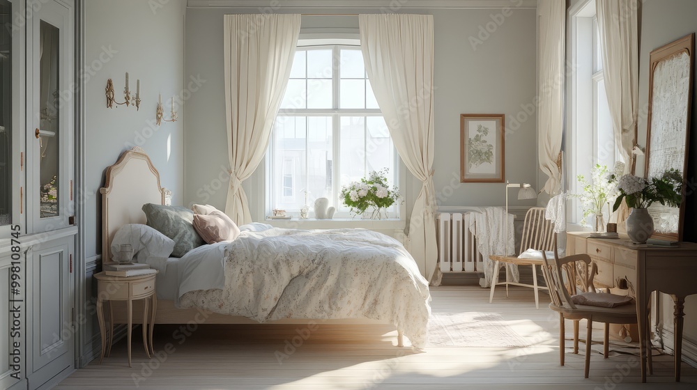 A Swedish Gustavian-style bedroom, with soft pastels, light wood furniture, and elegant decor, embodying simplicity and sophistication A Swedish Gustavian-style bedroom, with soft pastels, light wood furniture, and elegant decor, embodying simplicity and sophistication