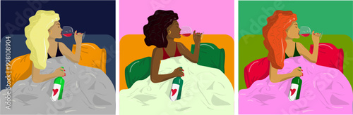 A women with wine in bed. Mulatto girl with wine. Blonde girl with wine. Redhead girl with wine. Vector illustration. photo