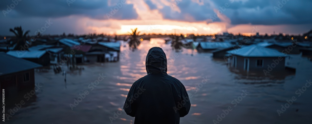 Fototapeta premium A person stands silhouetted against a dramatic sunset, overlooking a flooded landscape with submerged homes and rising water levels.