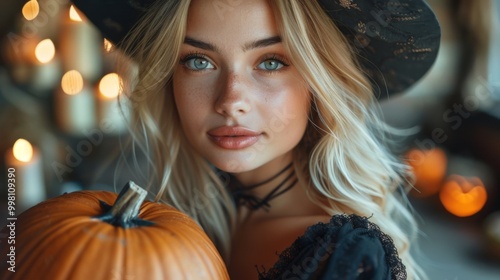 Halloween, the spookiest day of the year. A beautiful witch with blonde hair holding an orange pumpkin, dressed in black attire and wearing a large hat
