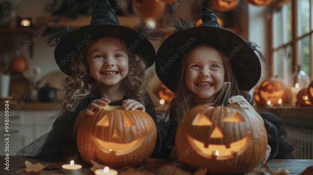 Halloween, the spookiest day of the year. Two cute little girls in black witch costumes and tall hats, laughing while carving pumpkins together on Halloween night at home. Halloween, the spookiest day of the year. Two cute little girls in black witch costumes and tall hats, laughing while carving pumpkins together on Halloween night at home.