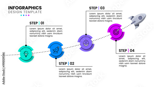 Infographic template. Rocket with line and 4 steps