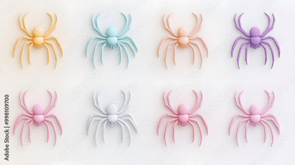 Minimal pastel spider set of icons with rounded legs and soft colors placed on a clean background Minimal pastel spider set of icons with rounded legs and soft colors placed on a clean background