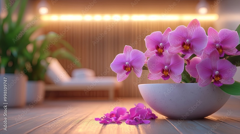 Delicate pink orchids in a white bowl on a wooden surface, soft lighting, and blurred background of a relaxing spa setting. Delicate pink orchids in a white bowl on a wooden surface, soft lighting, and blurred background of a relaxing spa setting.