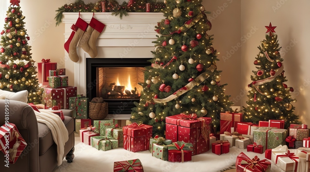 a christmas tree is in front of a fireplace with presents underneath. a christmas tree is in front of a fireplace with presents underneath.
